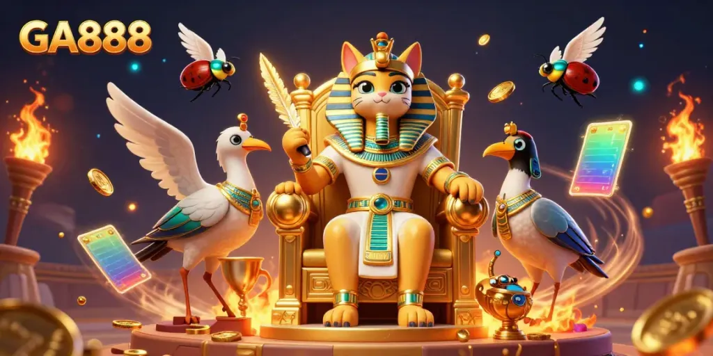 Engage with the dynamic world of GA888, featuring a pharaoh cat and betting elements in a vibrant scene.