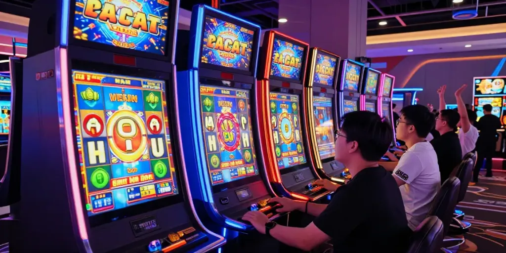 Player enjoying slot gacor game in a lively online casino atmosphere.
