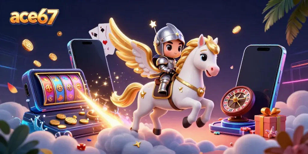Experience epic gameplay with ace67 as a celestial horse and armored knight encounter vibrant casino elements.
