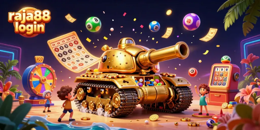 Engage in thrilling mini-games with the raja88 login creatively displayed as golden tickets showering throughout a vibrant casino scene.