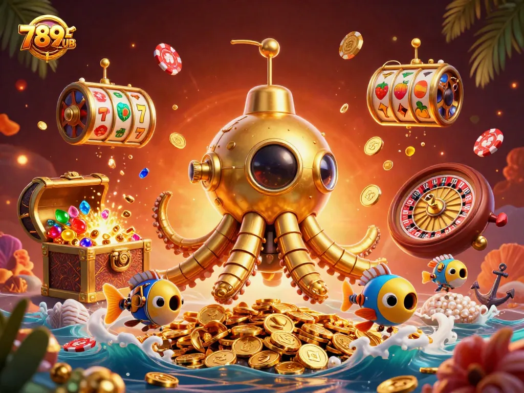 Experience the thrill of 789CLUB with a golden kraken submarine amidst slots and treasures.