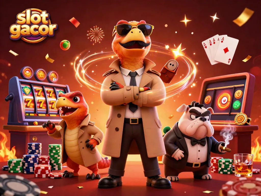 Experience the excitement of slot gacor with raptors in a trench coat entering a VIP casino.