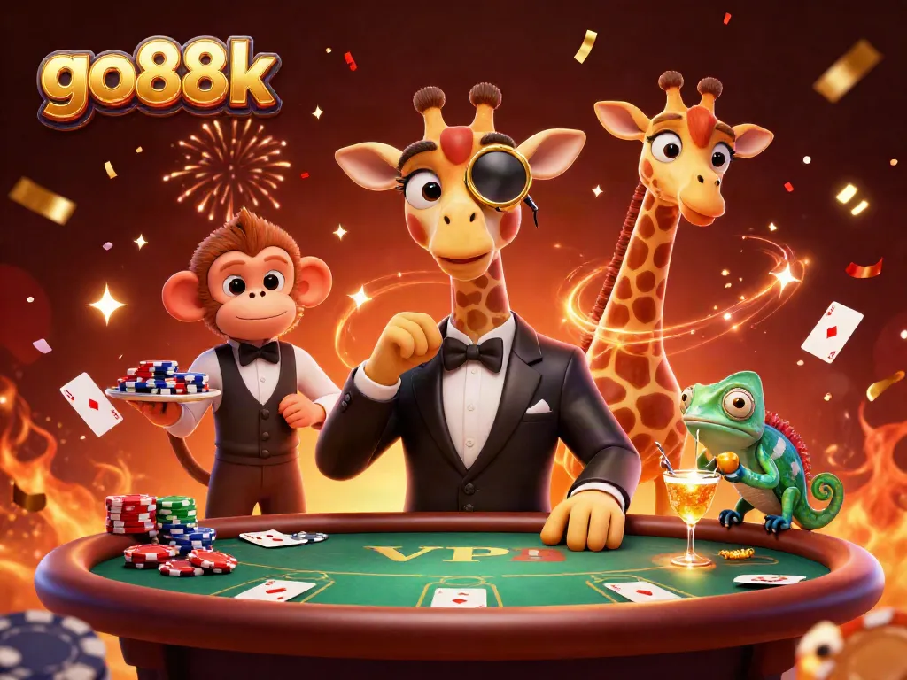 Experience high-stakes poker action with go88k's vibrant casino scene featuring a high-roller giraffe.