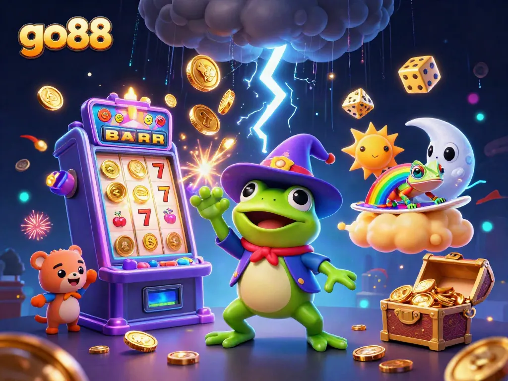 Go88 invites players to dive into exciting games with a storm of golden coins in a vibrant casino scene.