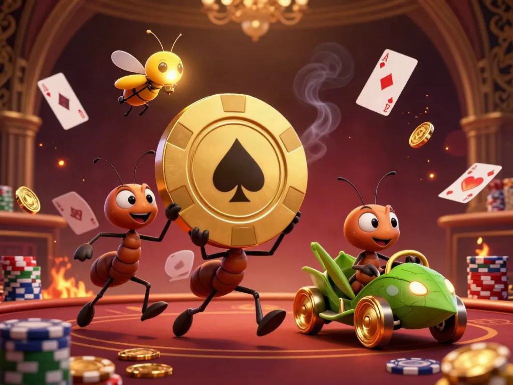 Experience thrilling Game Bài Online action with fun-loving ants carrying a giant poker chip in a rich casino scene.