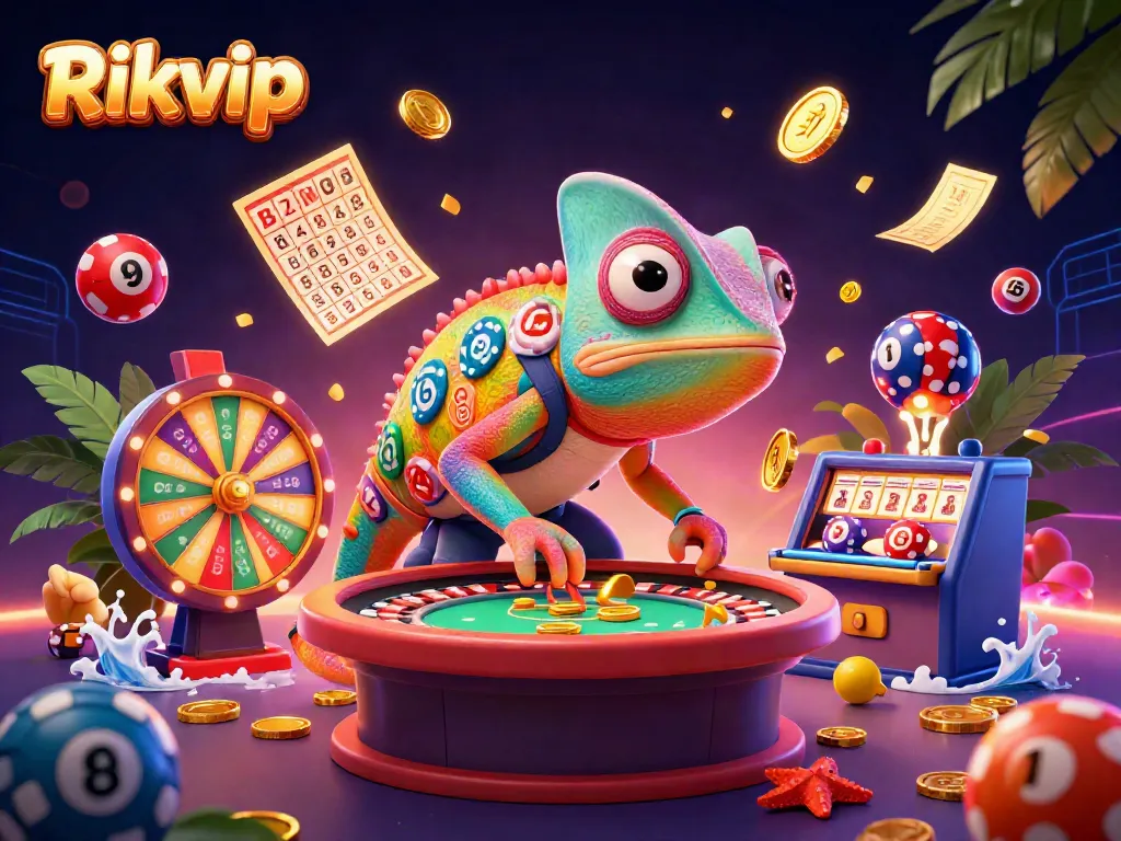 Engage with Rikvip's vibrant casino scene featuring a chameleon owner capturing coins amidst dynamic gaming elements.