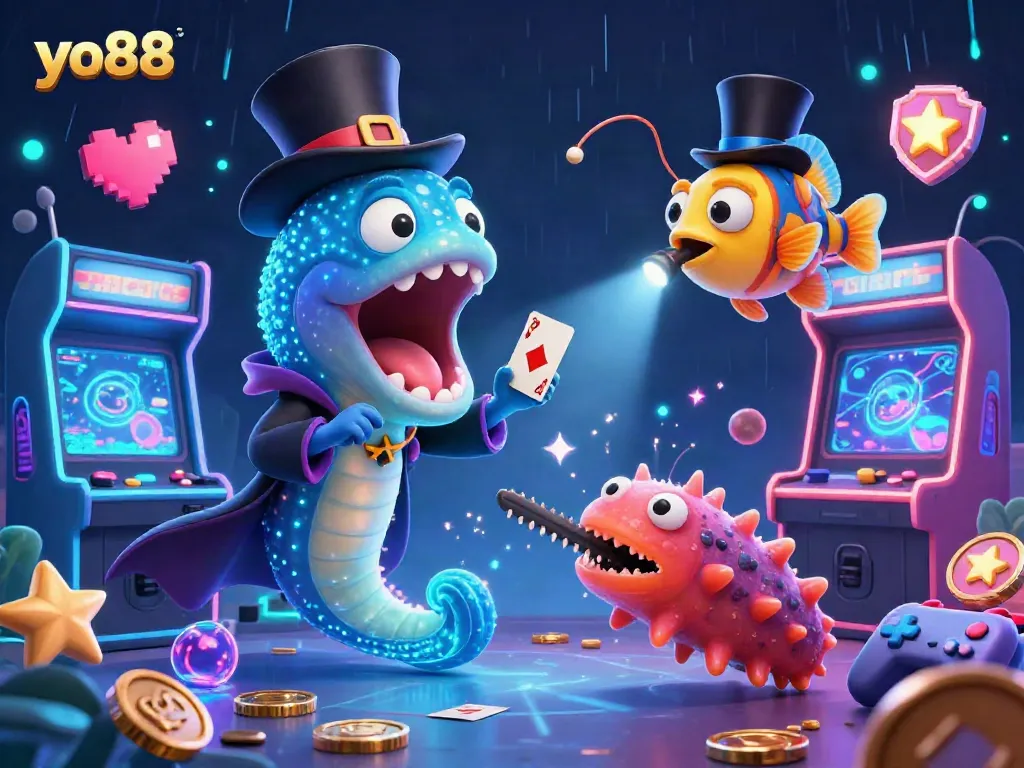 Engage with the vibrant yo88 world of gambling in this dynamic 3D casino illustration filled with playful characters and game elements.