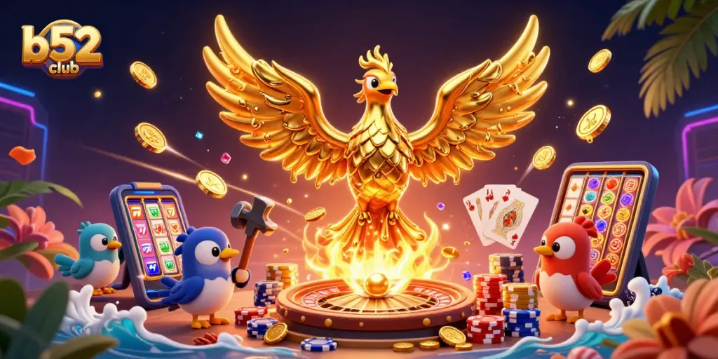 Experience the thrill of slots at b52club with golden phoenix and vibrant casino elements.