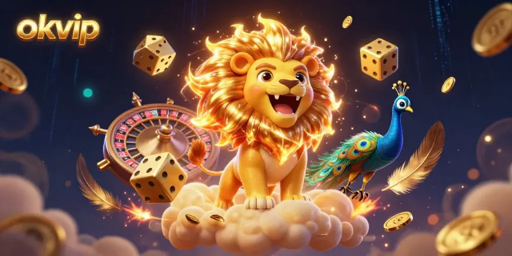 Engage with the okvip casino scene featuring a triumphant sun lion among dynamic gaming elements.
