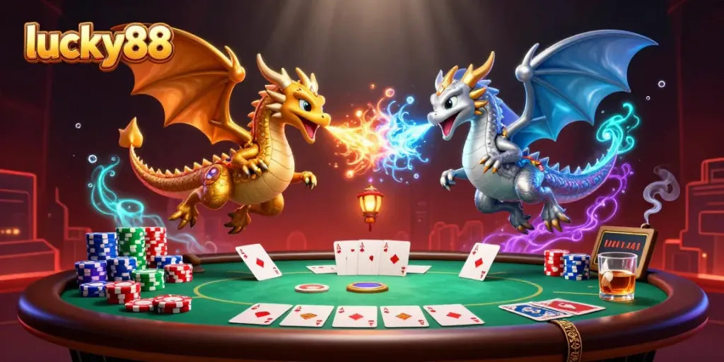 Experience thrilling gameplay with lucky88, featuring dynamic dragons amidst poker elements.
