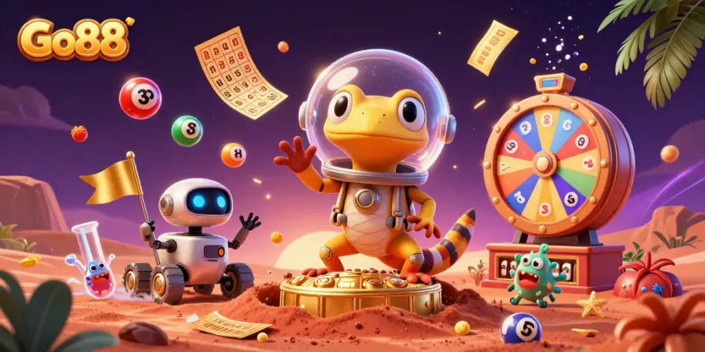 Engage in thrilling adventures with Go88, featuring a Martian gecko discovering a treasure-filled casino.