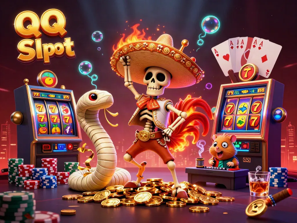 Experience the thrill of QQ Slot with a festive 3D scene of vibrant characters amidst dynamic gambling elements.
