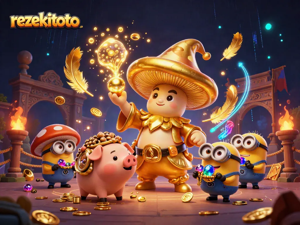 Experience excitement at rezekitoto with magical golden figures and casino elements all around.