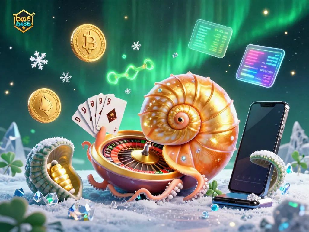 Experience the thrill of bet888 with a cartoon nautilus roulette wheel and glowing crypto coins.