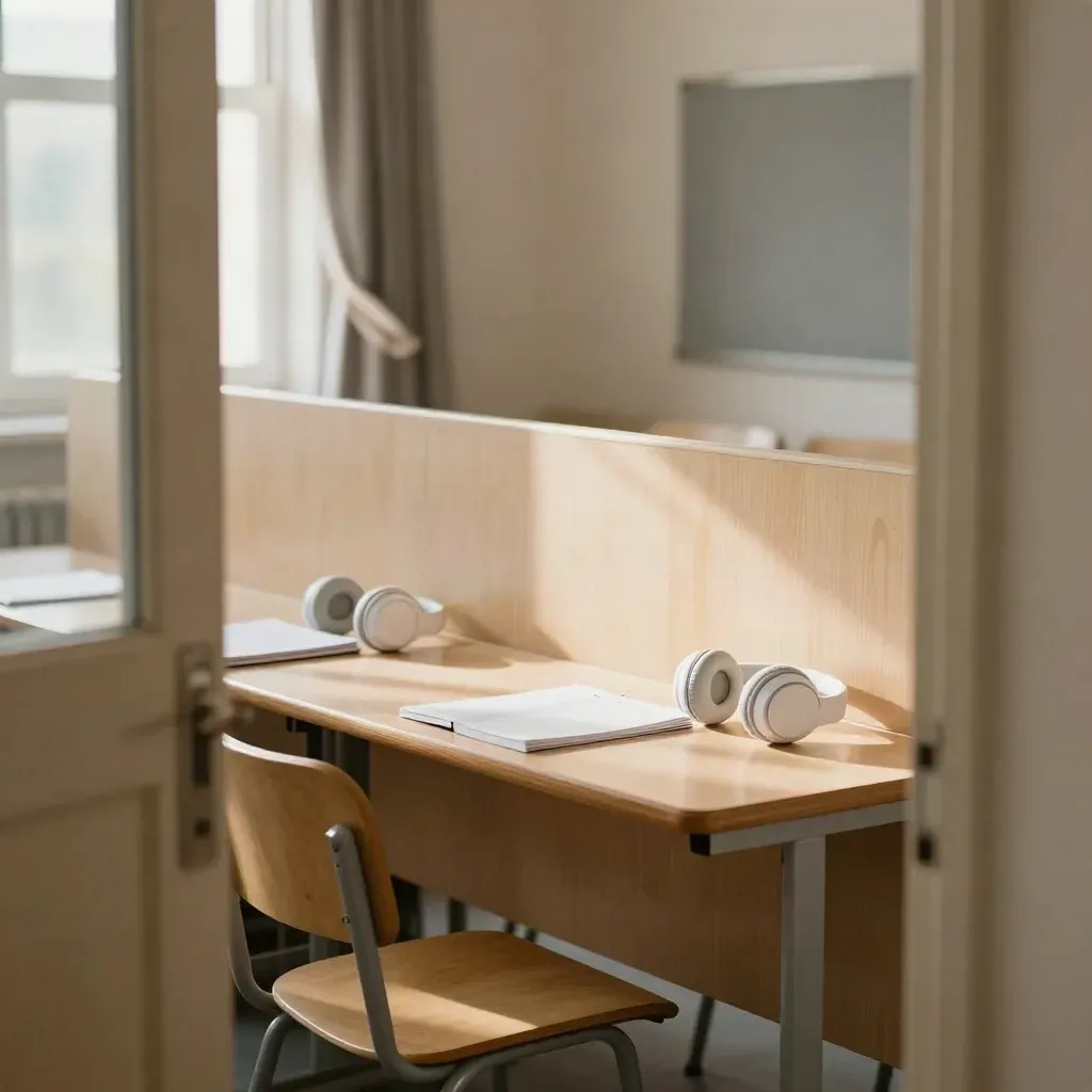 Pusta sala szkoły językowej z słuchawkami, zamkniętymi notesami i drewnianą przegrodą po zajęciach.