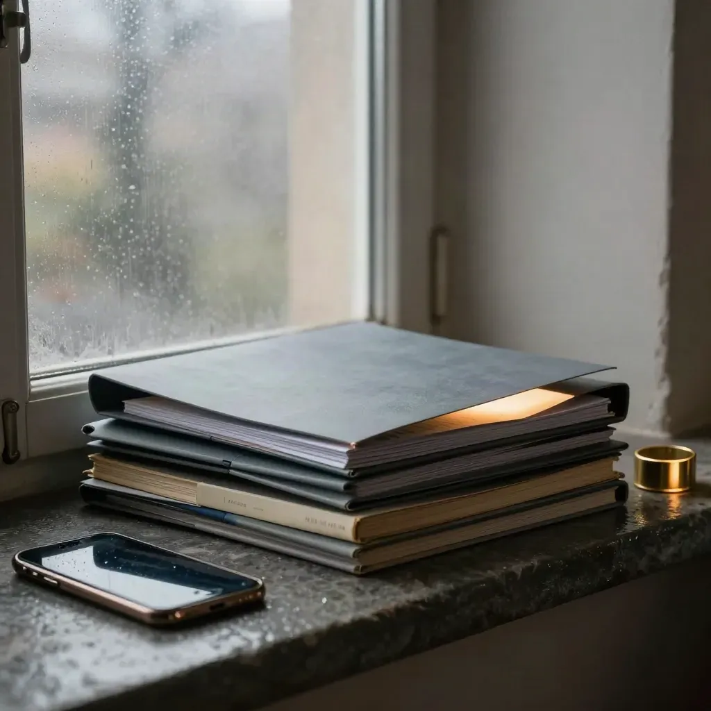 Stosy folderów kursów, tablet, telefon i książki maturalne przy zaparowanym oknie.