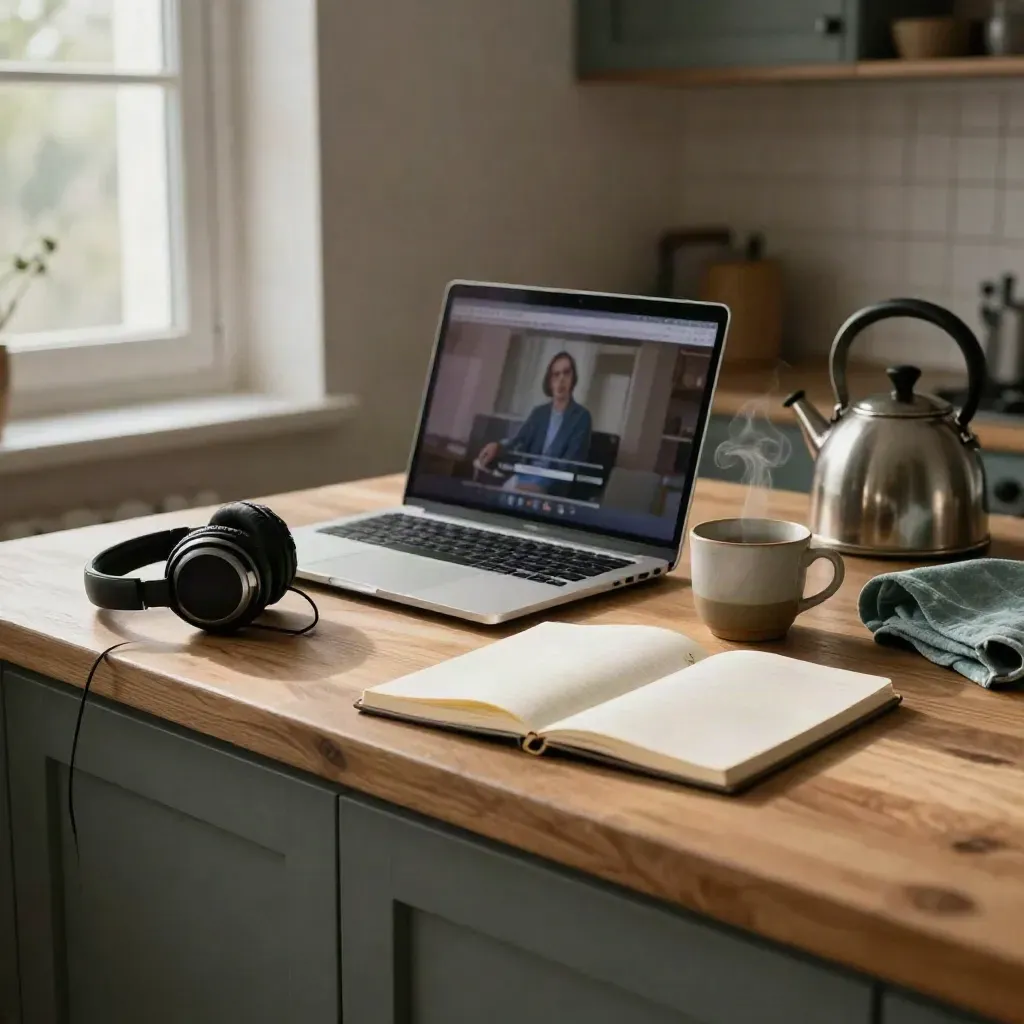 Laptopy i słuchawki na kuchennym blacie, z kubkiem i notesem przy lekcji online.