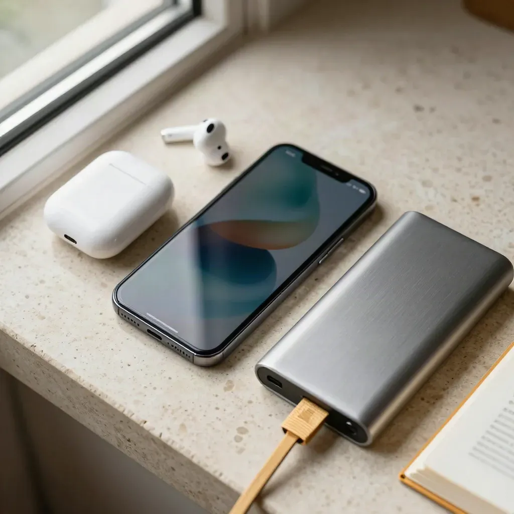 Z góry smartfon z aplikacją do nauki, etui na słuchawki, powerbank i zakładka na jasnym kamieniu