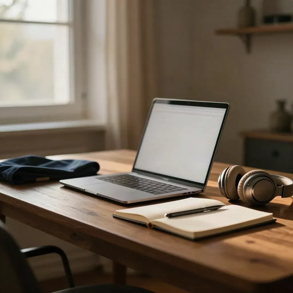 Otwarty laptop, zamknięty notes i słuchawki na spokojnym stole w wieczornym świetle.