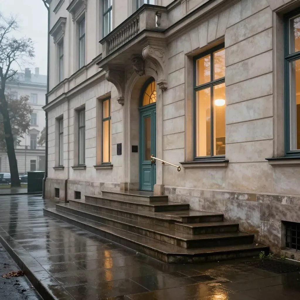 Prywatna szkoła w Warszawie po deszczu, mokre schody i ciepło świecące okna