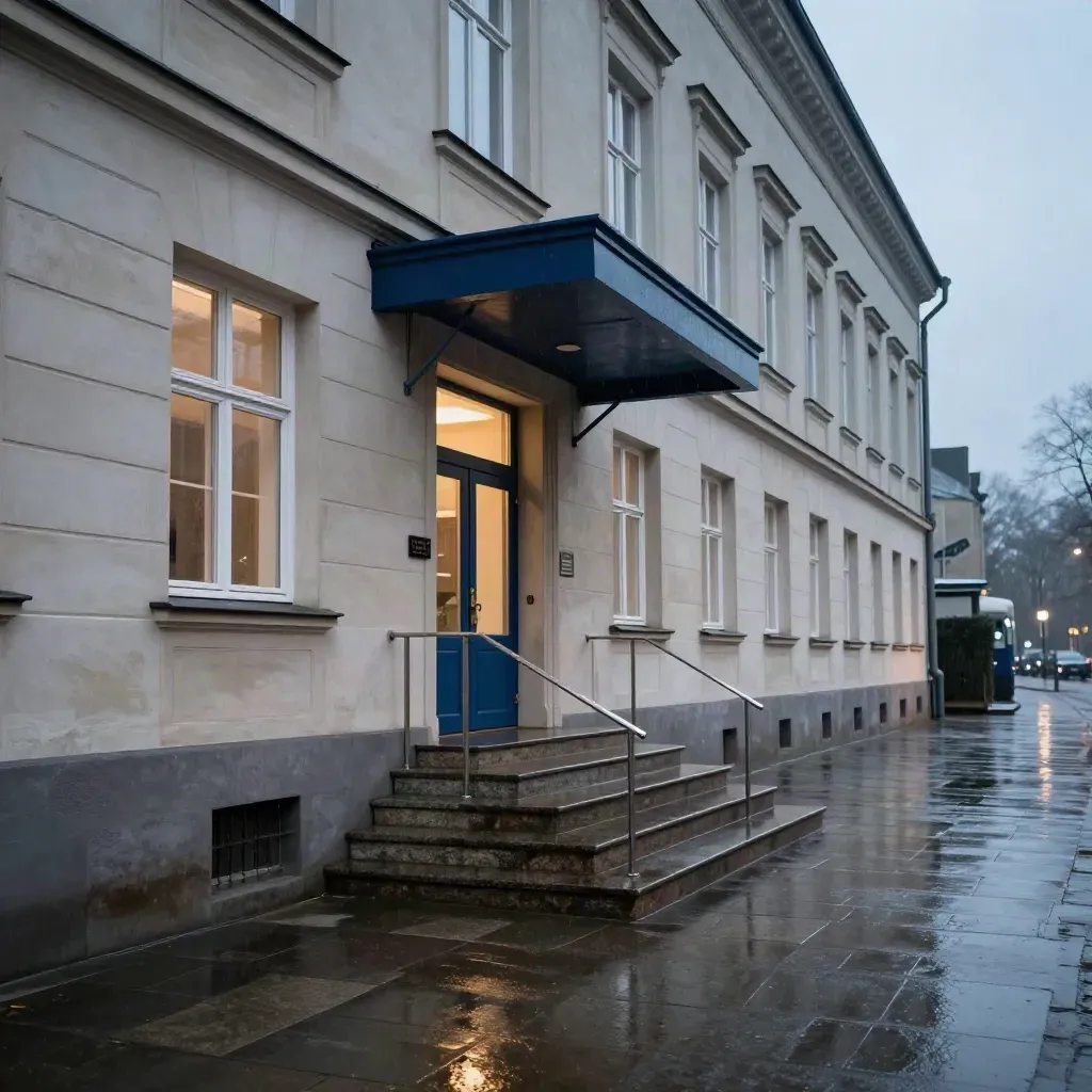 Boczna elewacja prywatnej szkoły w Warszawie po deszczu, mokry chodnik i szare odbicia o świcie.