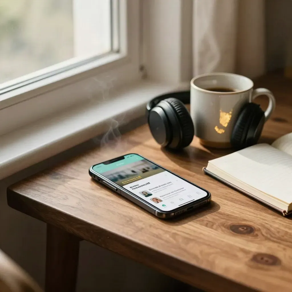 Smartfon z aplikacją do angielskiego, słuchawki, kubek i notes przy jasnym oknie.