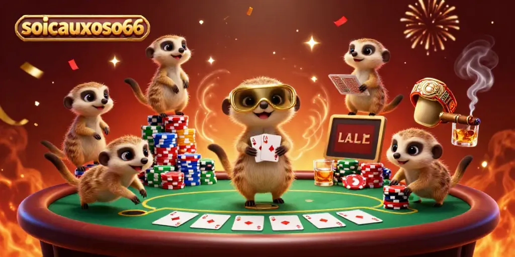 Join the lively meerkats at soicauxoso66 for thrilling poker games amidst colorful chips and excitement.