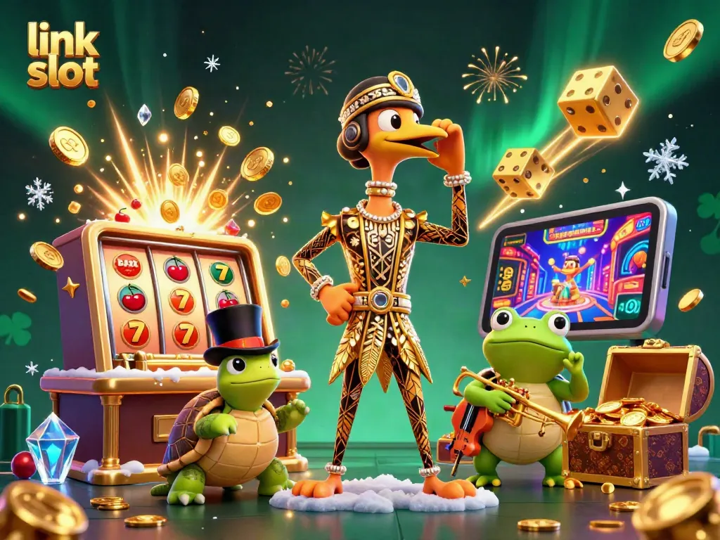 Experience exciting gameplay with link slot as characters celebrate at a dynamic casino scene.