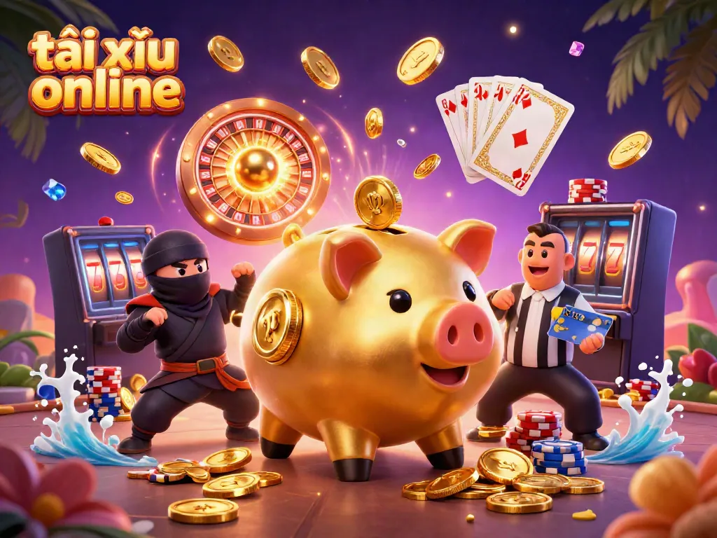 Engage with dynamic online gaming action in this lively tài xỉu online scene, featuring colorful casino elements and energetic characters.