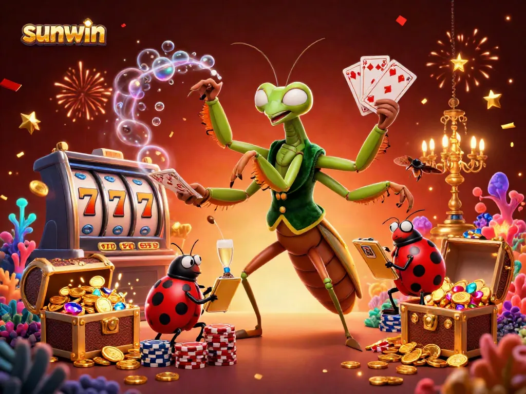 Experience the excitement of sunwin with a vibrant 3D scene featuring a giant mantis card sharp and a ladybug pit boss amidst slots and treasure.