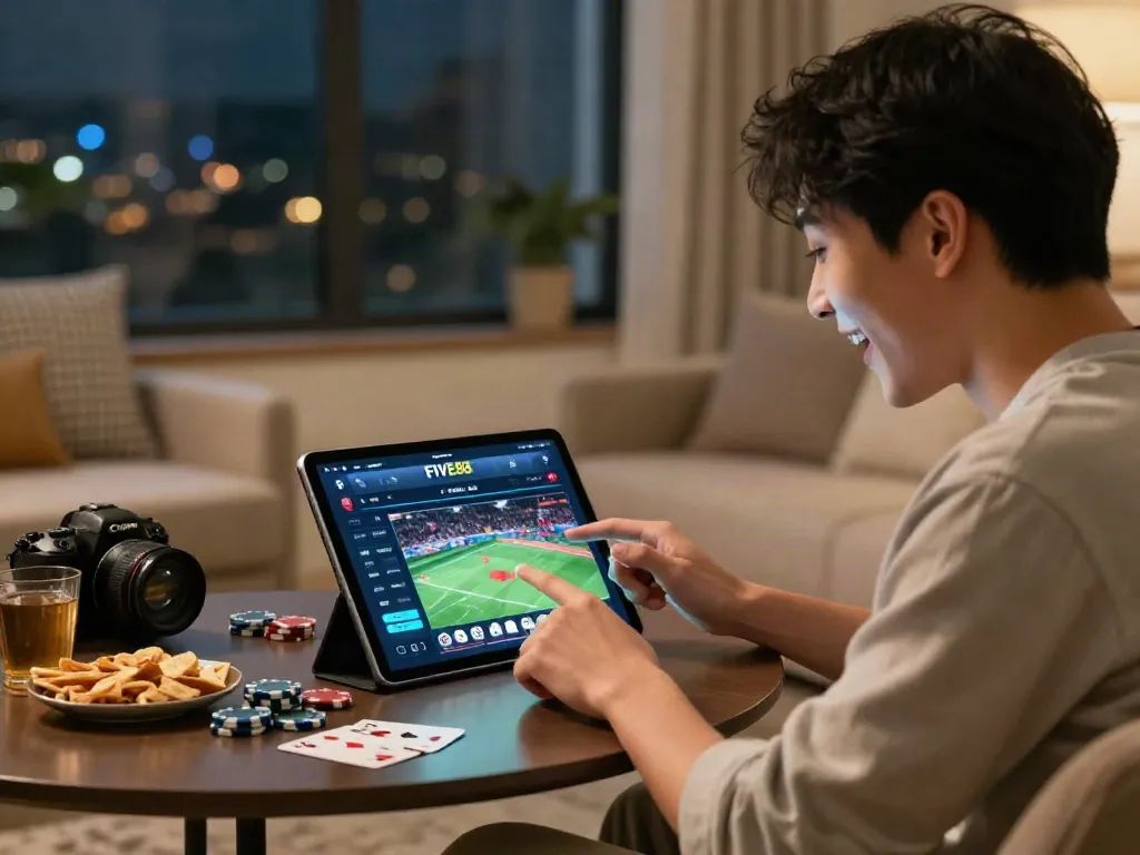 Engaged user betting on FIVE88 online casino platform in a cozy living room.