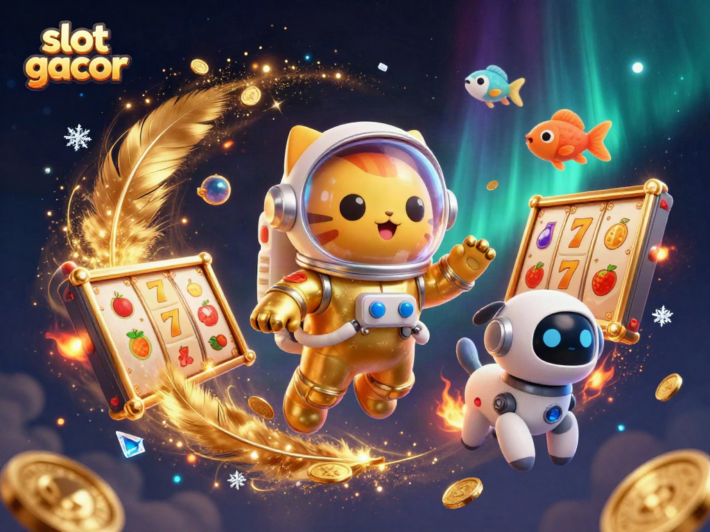 Engaging slot gacor scene featuring an astronaut cat and robot dog in a dynamic casino atmosphere.