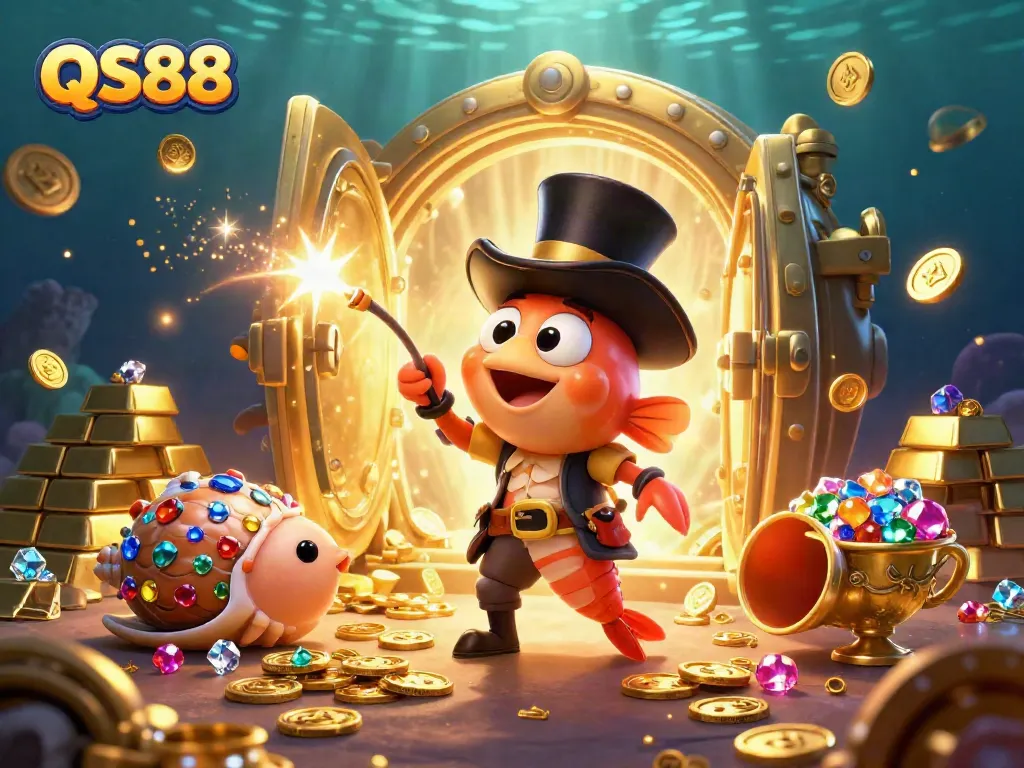 Engage with QS88's thrilling casino experience, illuminated by golden treasures and vibrant characters.