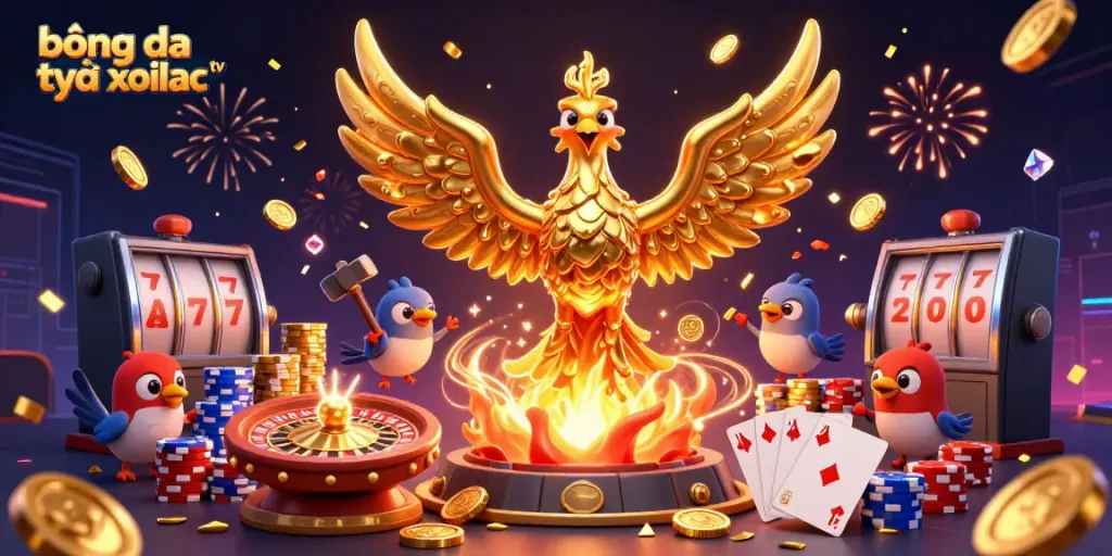 Experience thrilling bóng đá trực tuyến xoilac tv action with a dazzling 3D illustration of a golden phoenix and casino elements.