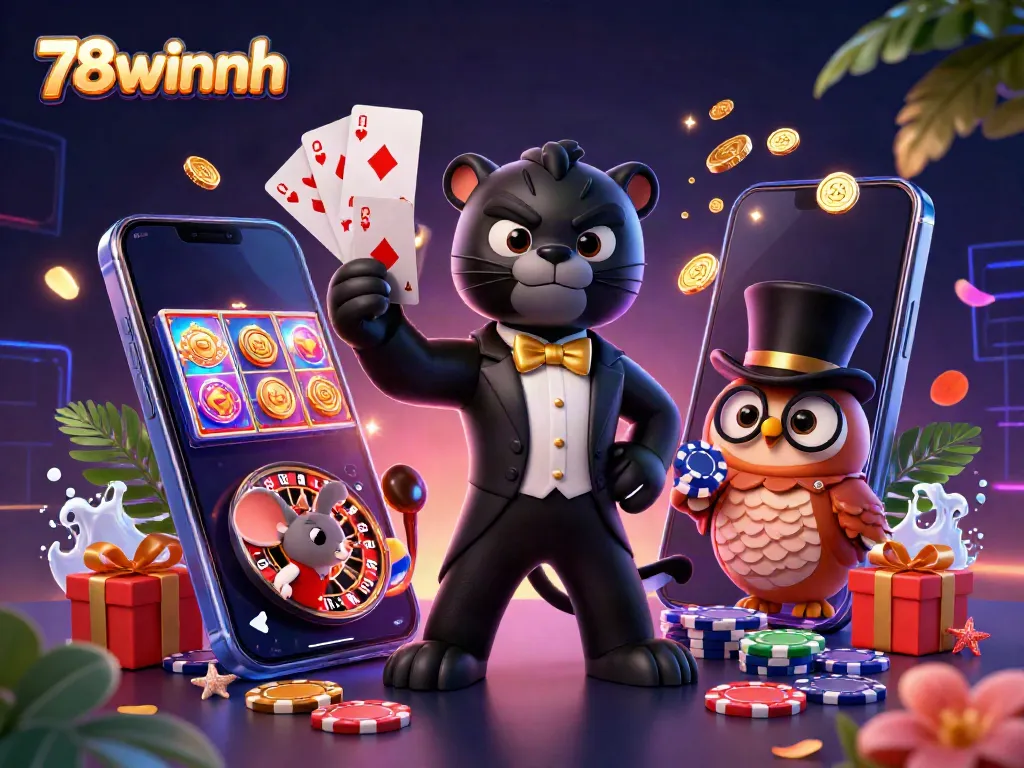A stylish 3D cartoon scene featuring a black panther and friends engaging in card games, showcasing the 78winnh casino atmosphere.