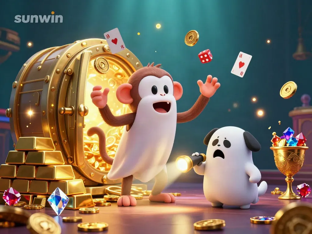 Engage with the thrilling sunwin casino scene where a mischievous monkey juggles golden treasures amidst a haunting backdrop.