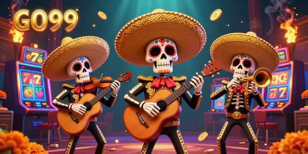Engage with GO99 at a vibrant casino ambiance featuring animated skeleton mariachi musicians.