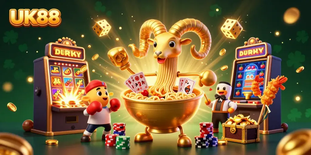 Experience the excitement of UK88 with a vibrant scene featuring animated food characters and casino game elements.