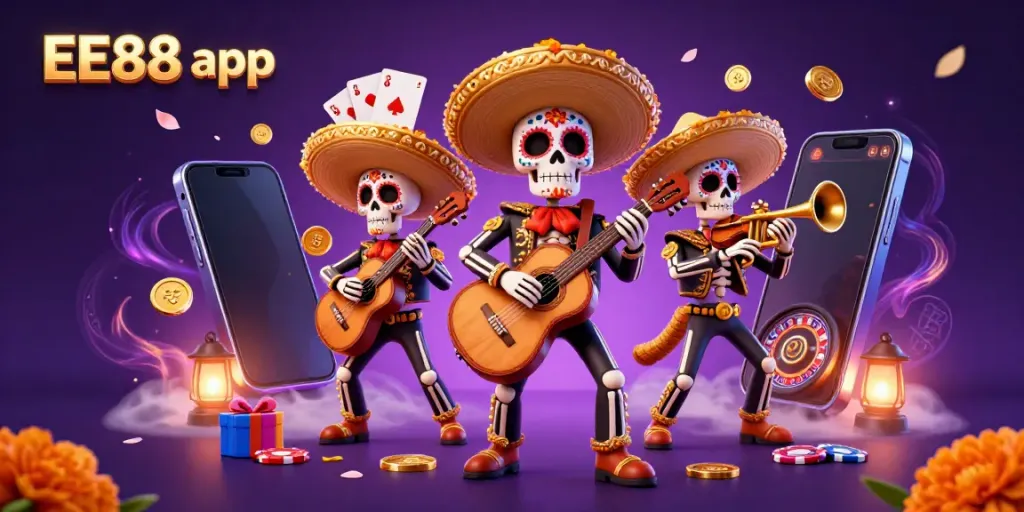 Engage in vibrant slots action with the EE88 app featuring festive mariachi skeletons