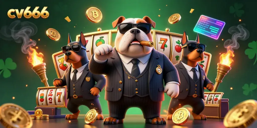 Engaging scene featuring cv666 with a cartoon mafia boss bulldog and gambling elements in action.