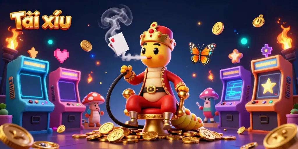 Experience Tài xỉu in a vibrant 3D casino world filled with exciting game elements and golden treasures.