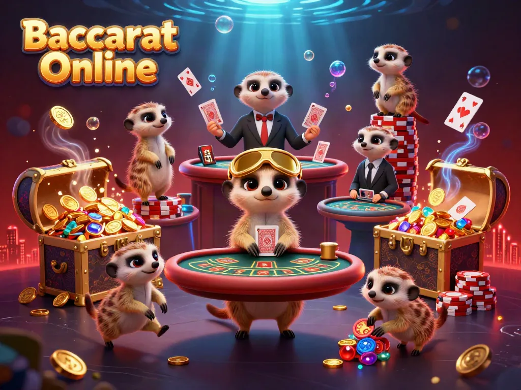 Experience Baccarat Online with meerkats managing a vibrant casino in a dynamic scene of fun.