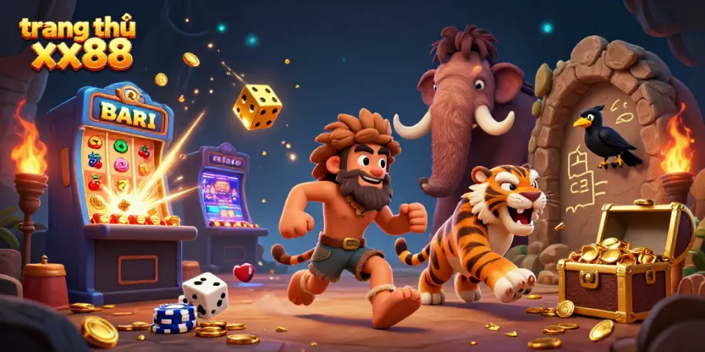 Experience the excitement of trang chủ xx88 with a cartoon caveman and sabertooth tiger gaming in a vibrant prehistoric casino.