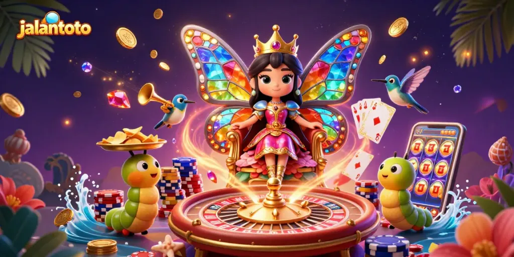 Play slots and win at jalantoto, featuring vibrant characters and dynamic casino elements.