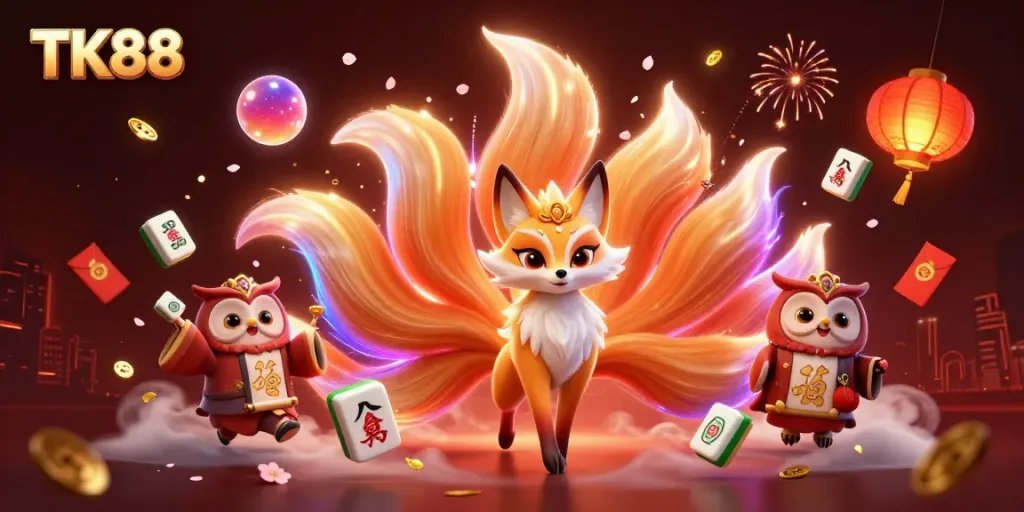 Engage with thrilling games at TK88, showcasing vibrant characters and festive gambling elements.