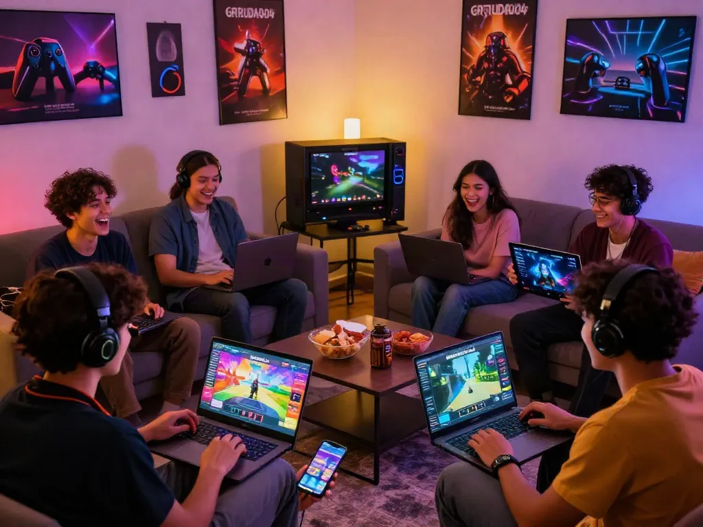 Exciting gaming night with friends using GARUDA404 for diverse games in a cozy setting