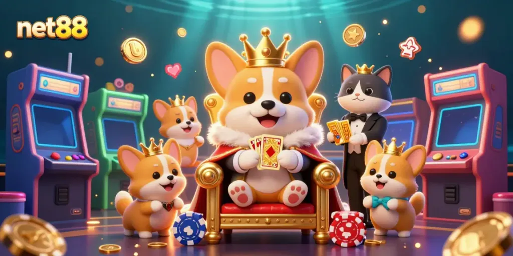 Celebrate gaming excitement with net88's vibrant casino illustration featuring a luxurious royal corgi.