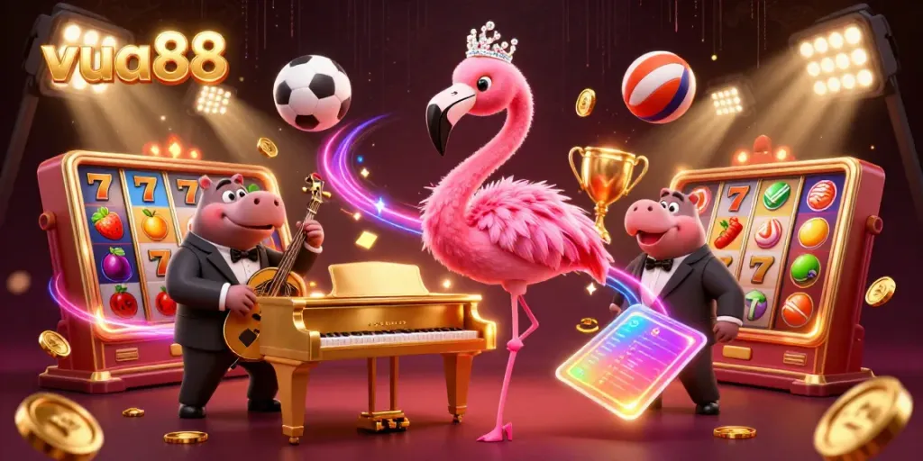 Engage with VUA88 where a flamingo singer and hippo bassist create a vibrant casino atmosphere.