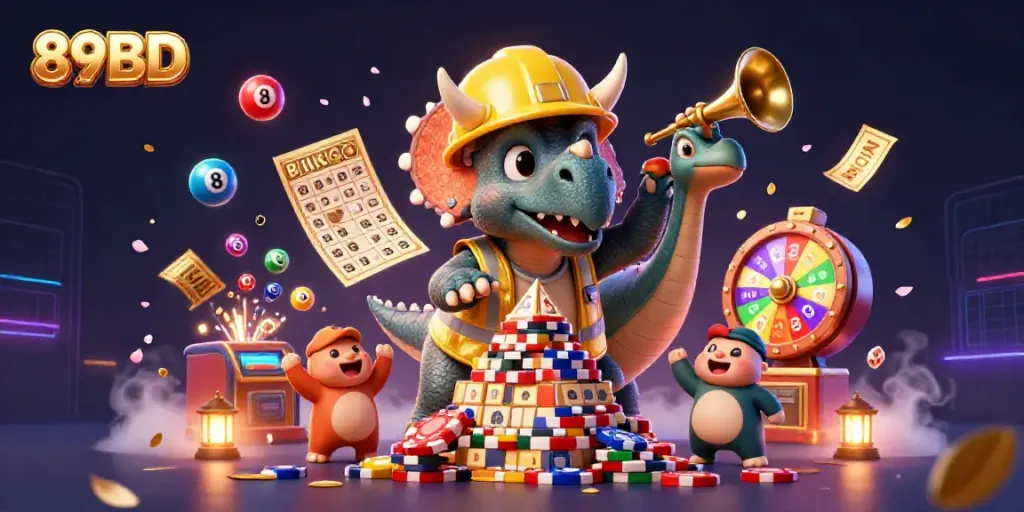 Celebrate with 89BD: a vibrant lottery scene featuring lively characters and dynamic game elements.