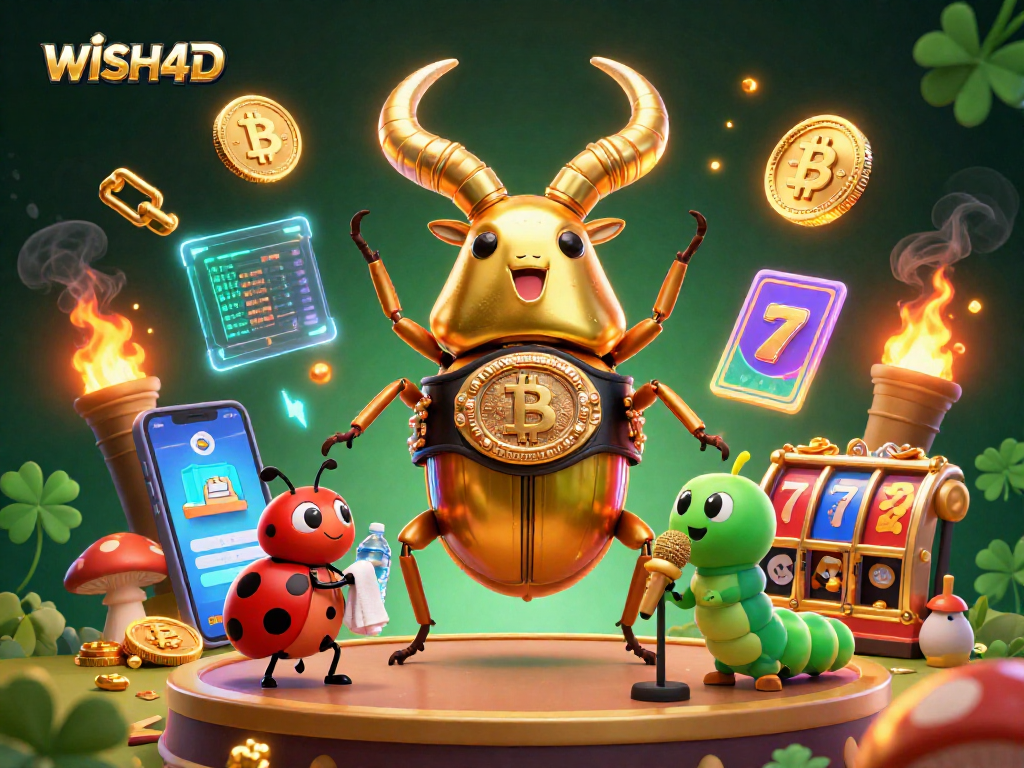Engage with WISH4D's dynamic crypto casino scene featuring a golden stag beetle and vibrant gaming elements.